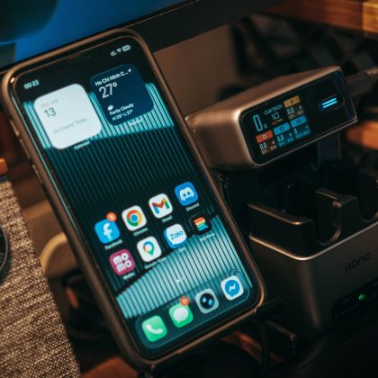 Smartphone charging station on a desk